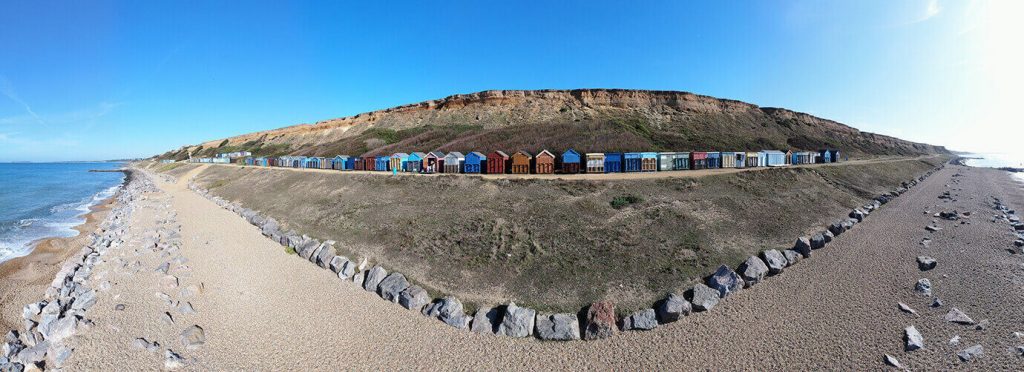 aerial photography of Barton on Sea Beach Huts